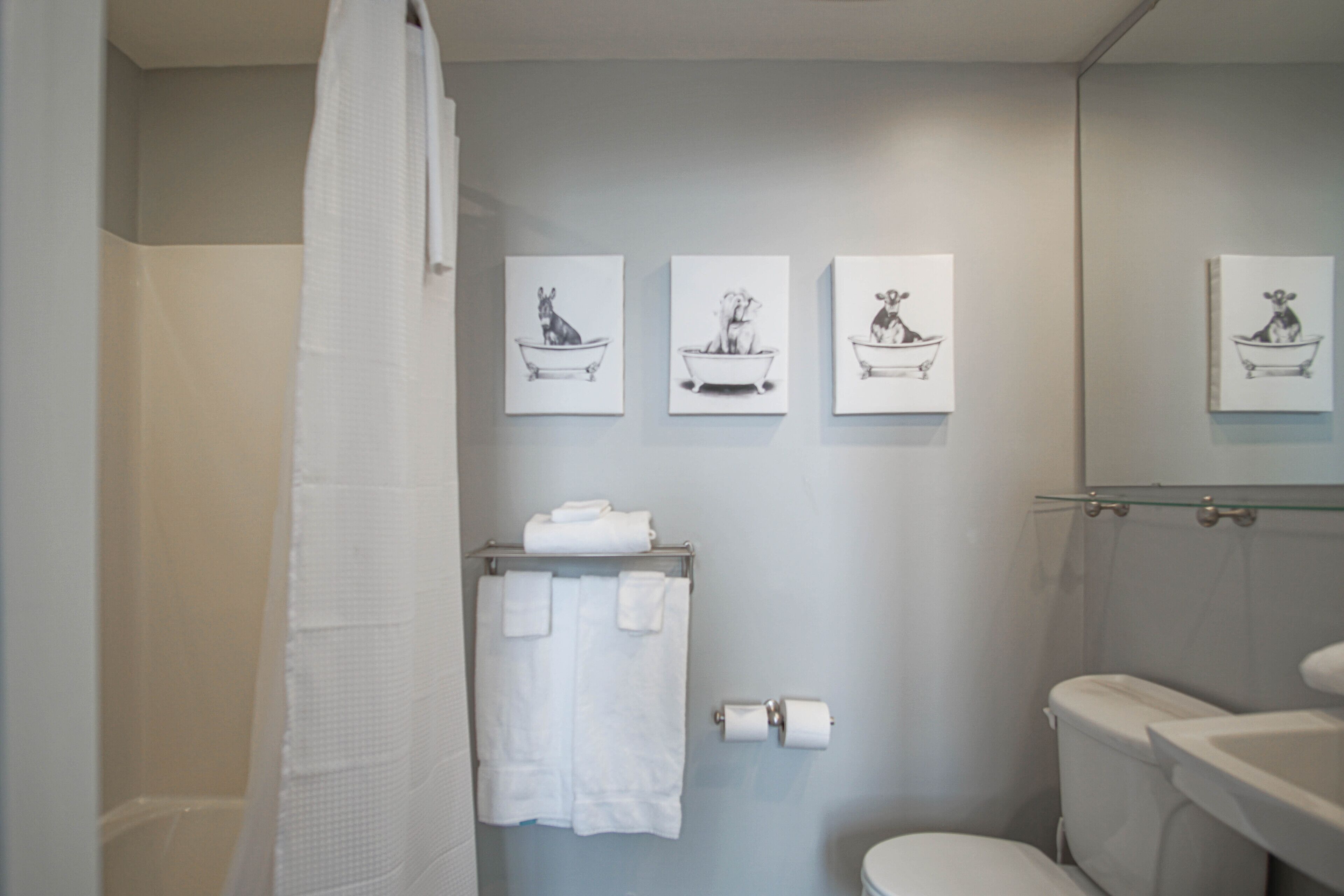 A bathroom with a toilet, a glass shower enclosure, and four framed pictures on the wall.