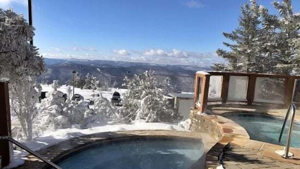 Un jacuzzi con vistas a montañas nevadas y árboles.