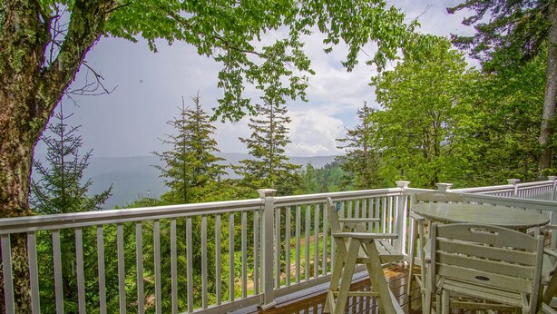 Une terrasse en bois avec une balustrade blanche, donnant sur une zone boisée et un plan d’eau.