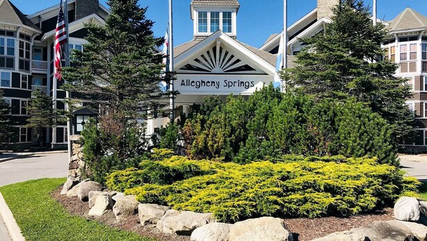 Un edificio con un cartel que dice "Allegheny Springs", rodeado de vegetación y rocas.