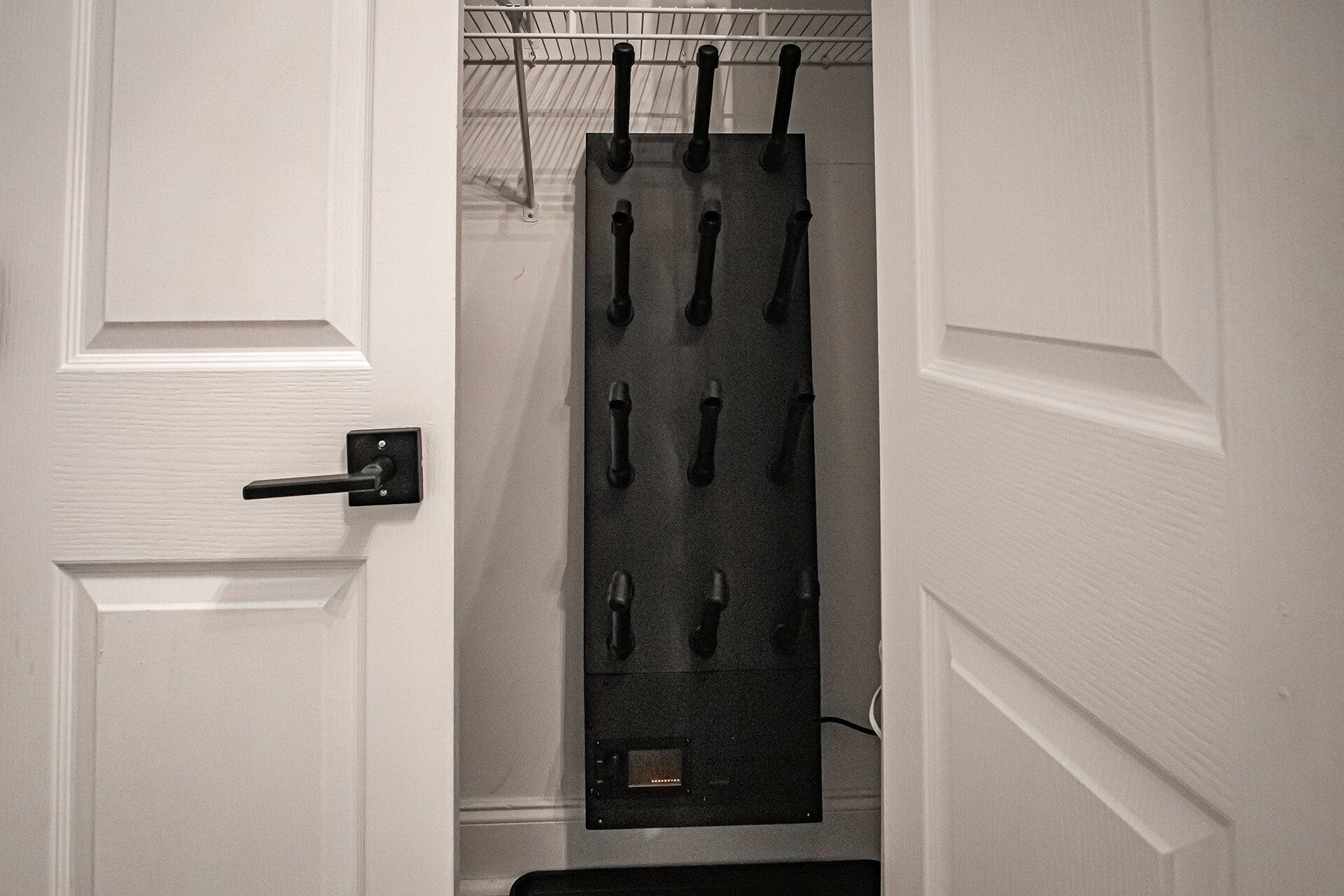 A door with a black metal rack holding multiple keys.