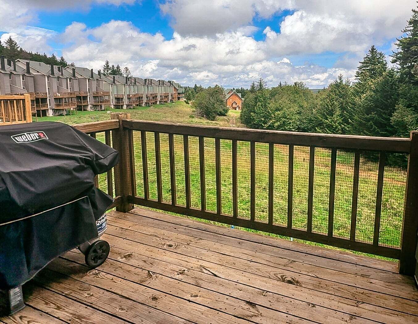Une terrasse en bois avec un barbecue, donnant sur une pelouse et un bâtiment situé au loin.