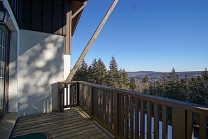 Une terrasse en bois dotée d’une rambarde, qui offre une vue sur un paysage boisé.