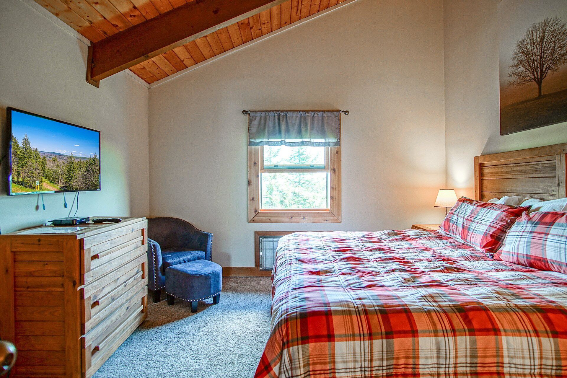 A bedroom with a bed, a dresser, a chair, a television, and a window.