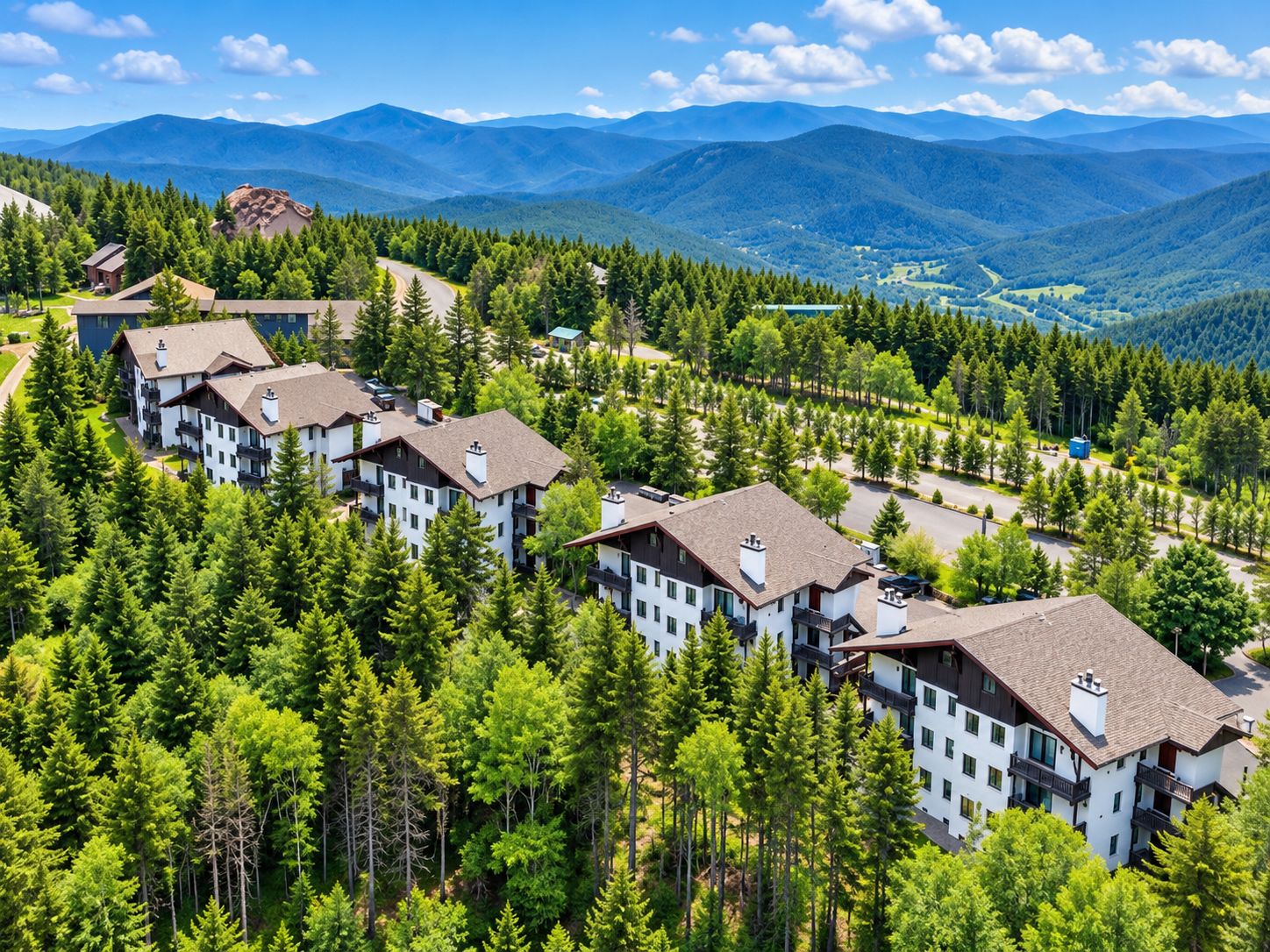 A residential area with multiple two-story buildings surrounded by dense forests and mountains in the background.