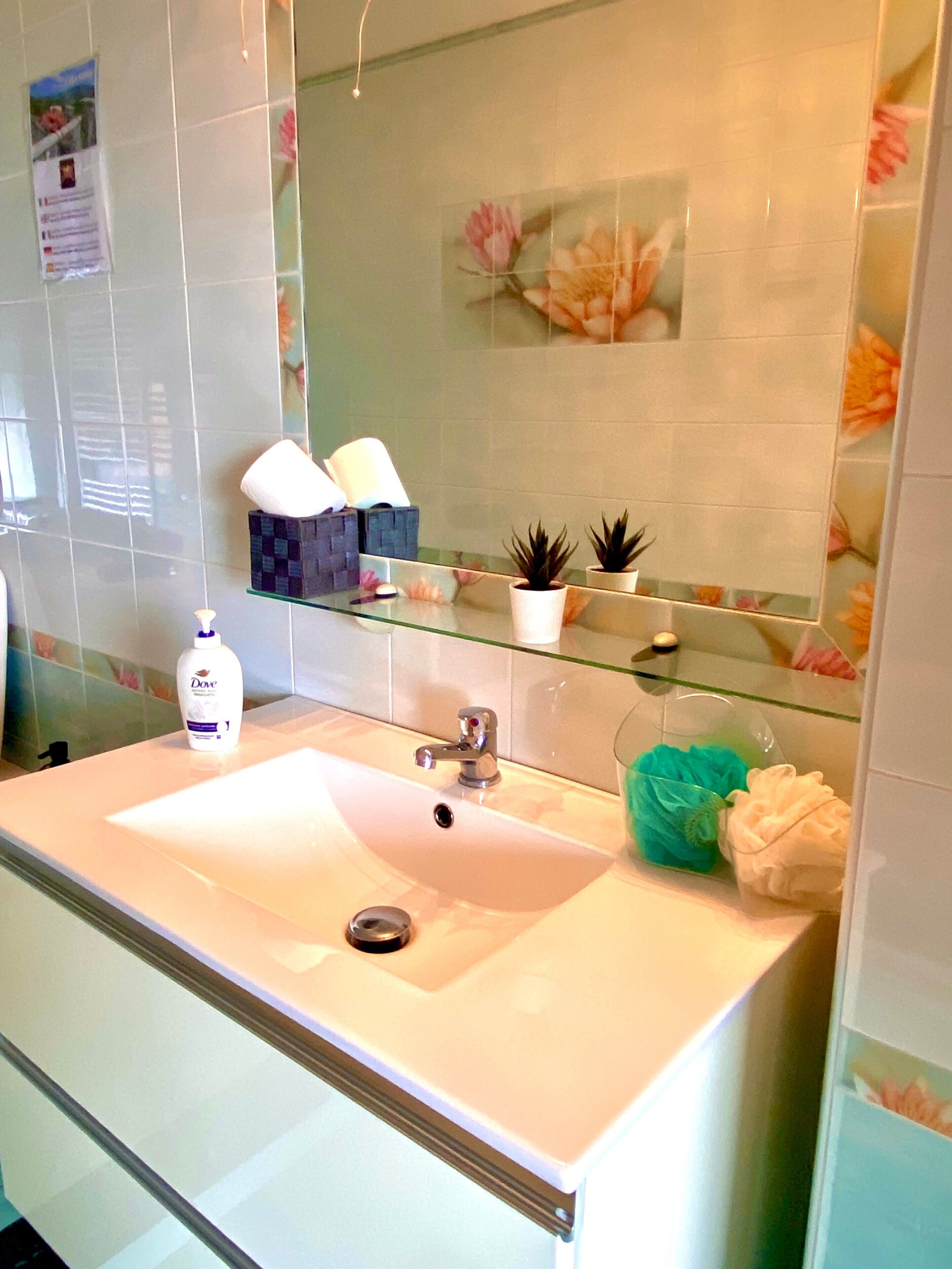 Een badkamer met een wit wastafel, een spiegel en een betegelde achterwand met bloemenmotief.