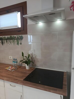 Kühlschrank, Herdplatte, Wasserkocher mit Kaffee-/Teezubehör