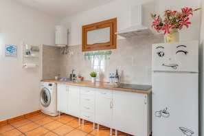 Una cucina con lavatrice, frigorifero decorato con un motivo a volto, mobiletto in legno e finestra con piante.