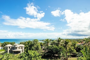 A coastal property with a view of the sea, surrounded by lush greenery and palm trees. - Villa Ocean View Larimar | Private Pool | 5-Minute Walk to the Beach (Cofresi)