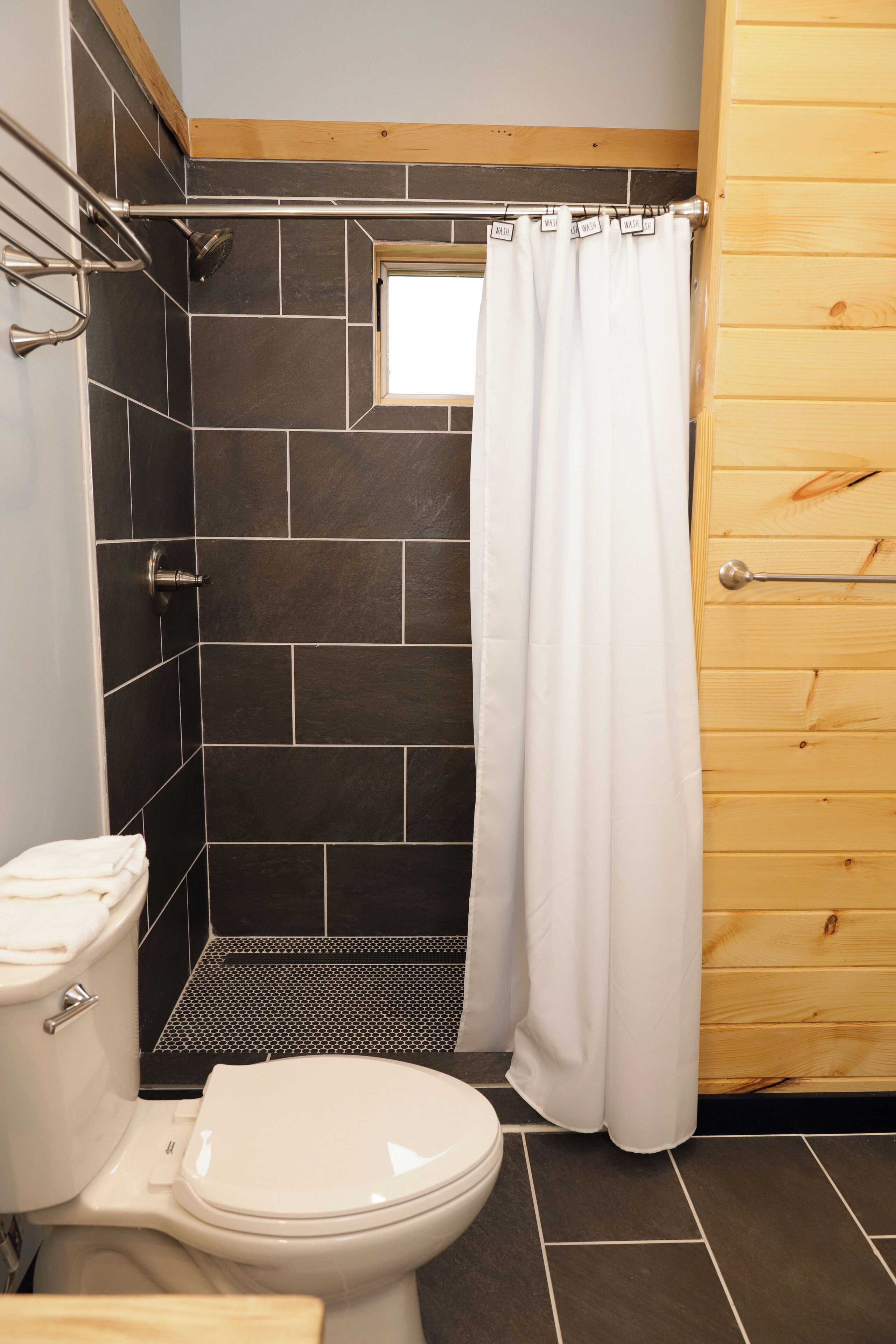 A bathroom with a shower, toilet, and a wooden door.