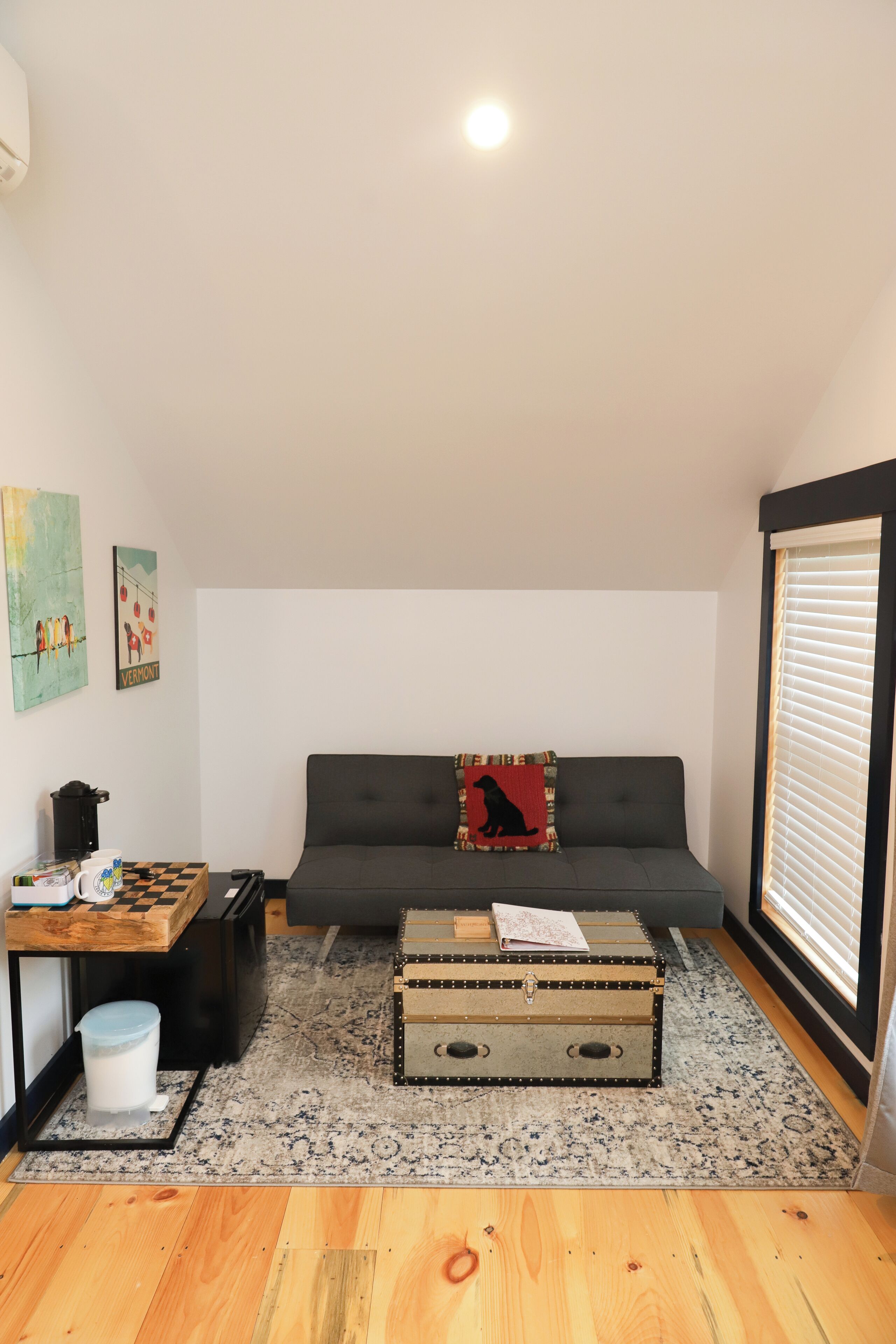 A cozy living room with a dark grey sofa, a patterned rug, a wooden coffee table, and a vintage suitcase.