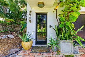 A front door with a black glass panel, a yellow potted plant to the left, and a concrete planter with long green leaves to the right. - South Tampa Upper Level Posh Suite (Tampa)
