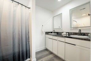 Hair dryer, towels, soap, shampoo