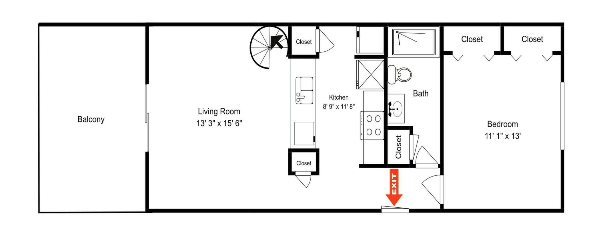 Un plan d’étage d’une chambre d’hôtel comprenant un balcon, un salon, une cuisine, une salle de bain et une chambre à coucher.