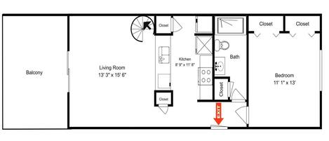 Un plan d’étage d’une chambre d’hôtel comprenant un balcon, un salon, une cuisine, une salle de bain et une chambre à coucher.