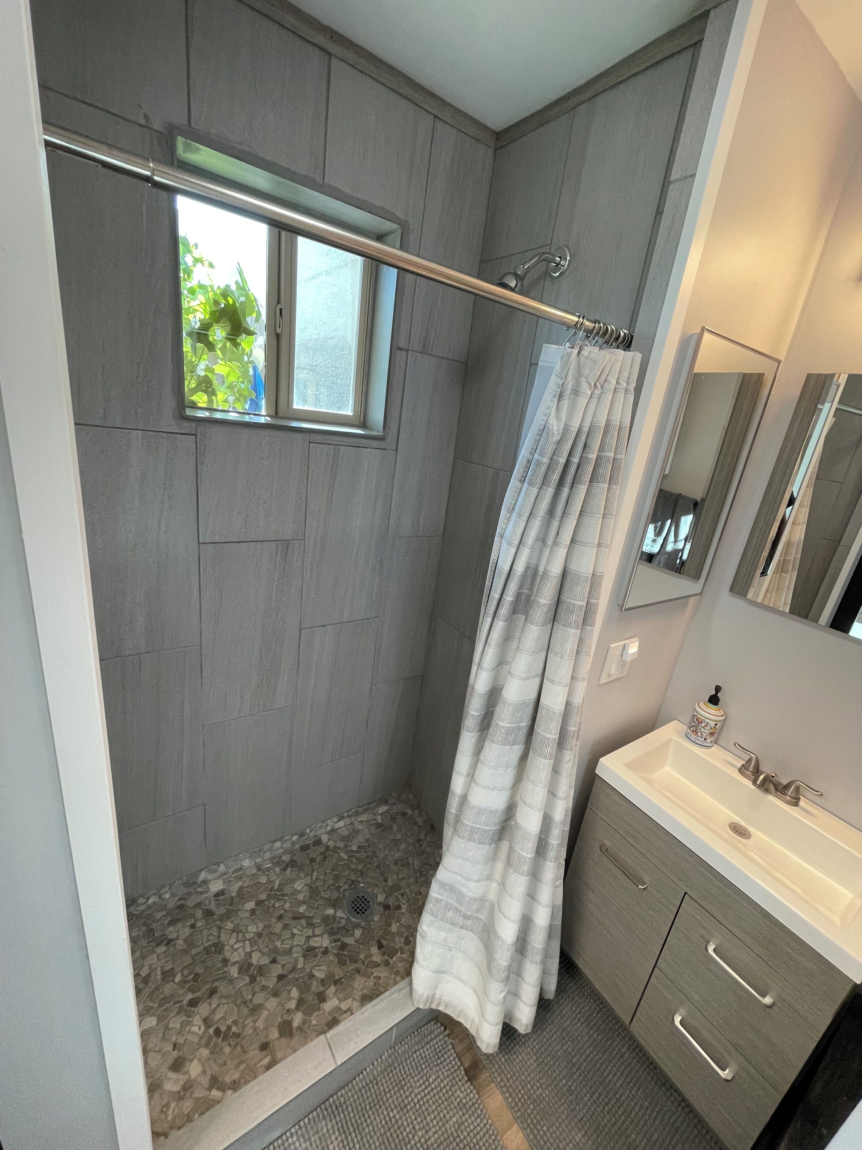 Hair dryer, towels, soap, toilet paper