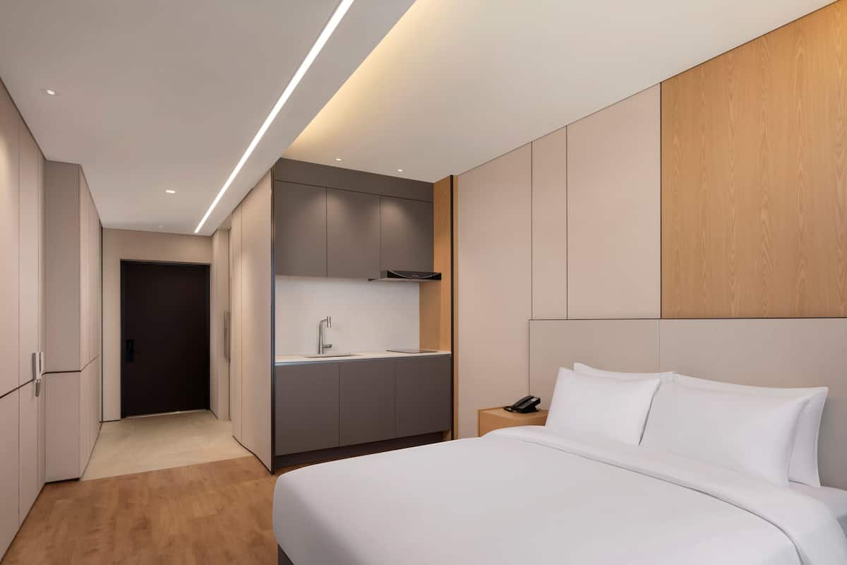 Una habitación de hotel moderna con una cama grande, una cocina integrada y un baño separado.