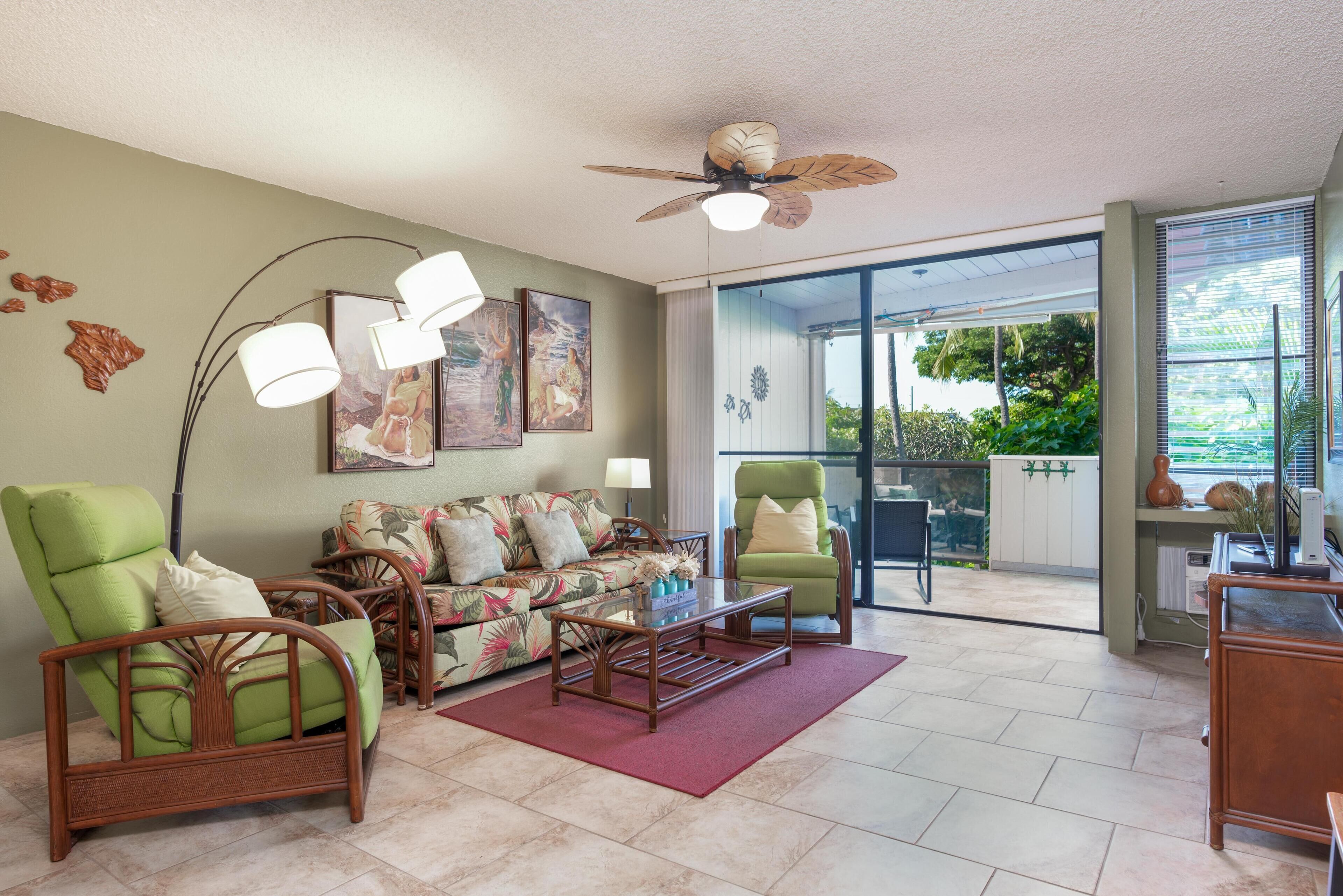 Huoneisto, 1 keskisuuri parisänky ja vuodesohva (Kailua Bay Resort#4-204) | Oleskelualue