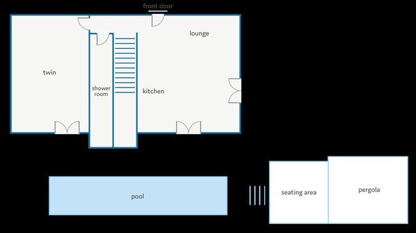 Grundriss eines Hotels mit Doppelzimmer, Dusche, Küche, Wohnbereich, Eingangstür, Pool, Sitzgelegenheit und Pergola.