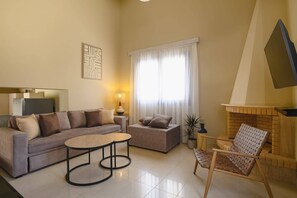 A living room with a sofa, a coffee table, a fireplace, and a television. - Villa Kalymnos by Villa Plus (Kolympia)