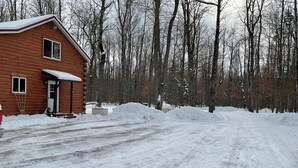 A log cabin with a snow-covered driveway and a forest in the background.