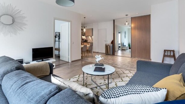 A modern living room with a grey sofa, a coffee table with a sculpture, and a TV. - City center with Free parking and Sauna (Tallinn)