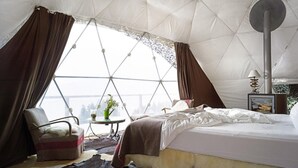 A cozy tented room with a bed, a chair, a small table with a plant, and a heater. - Room-wadi rum Magic Luxury (Wadi Rum)