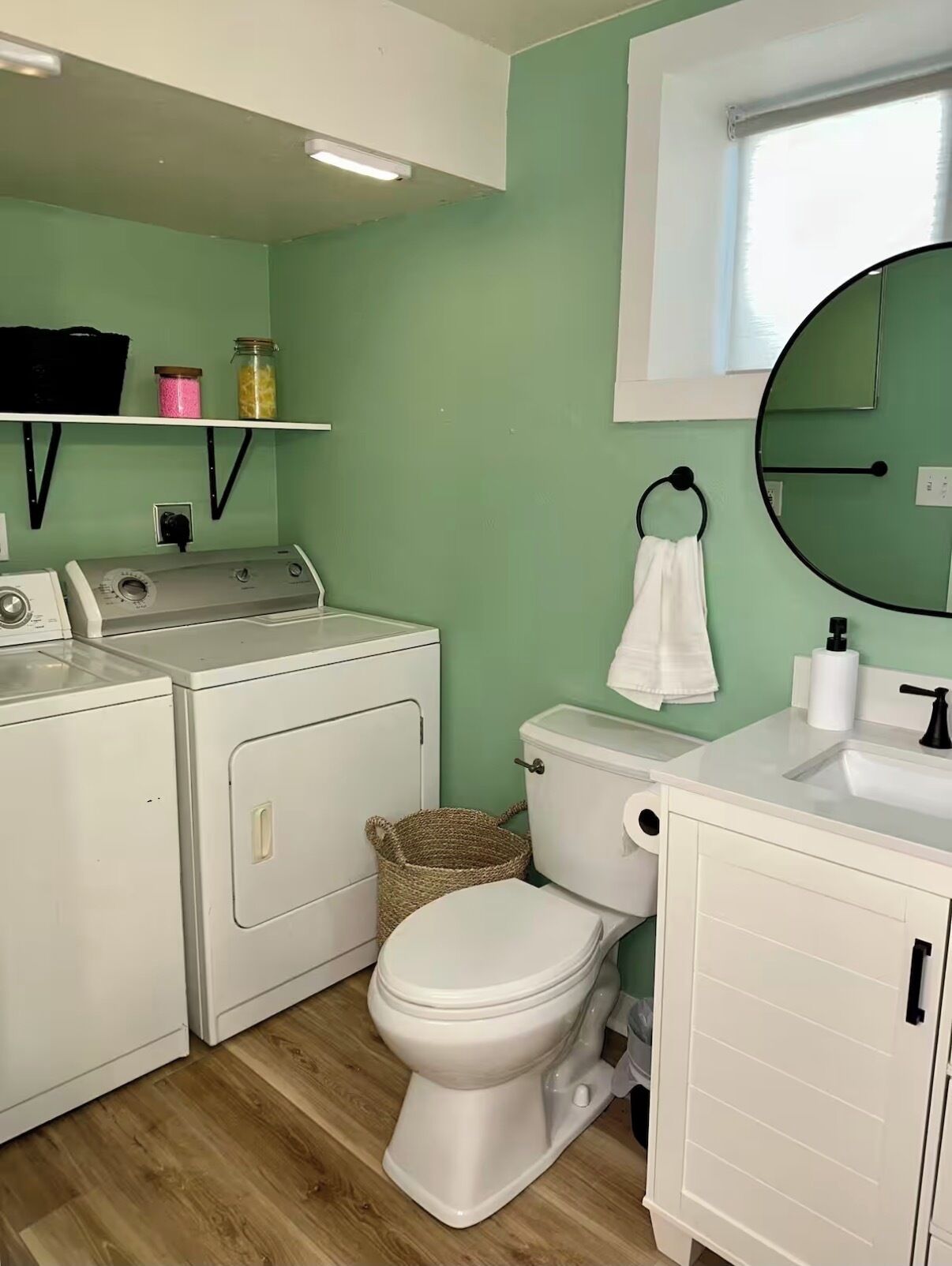 Hair dryer, towels, soap, toilet paper