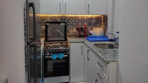 Une cuisine de taille réduite, équipée d’une cuisinière, d’un four et d’un évier.