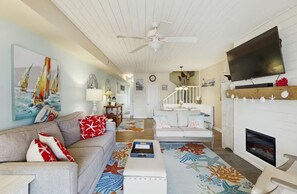 TV, fireplace, books, stereo