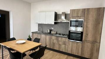 Deluxe Apartment | Private kitchen | Fridge, microwave, oven, stovetop