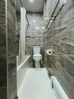 Hair dryer, towels, soap, toilet paper