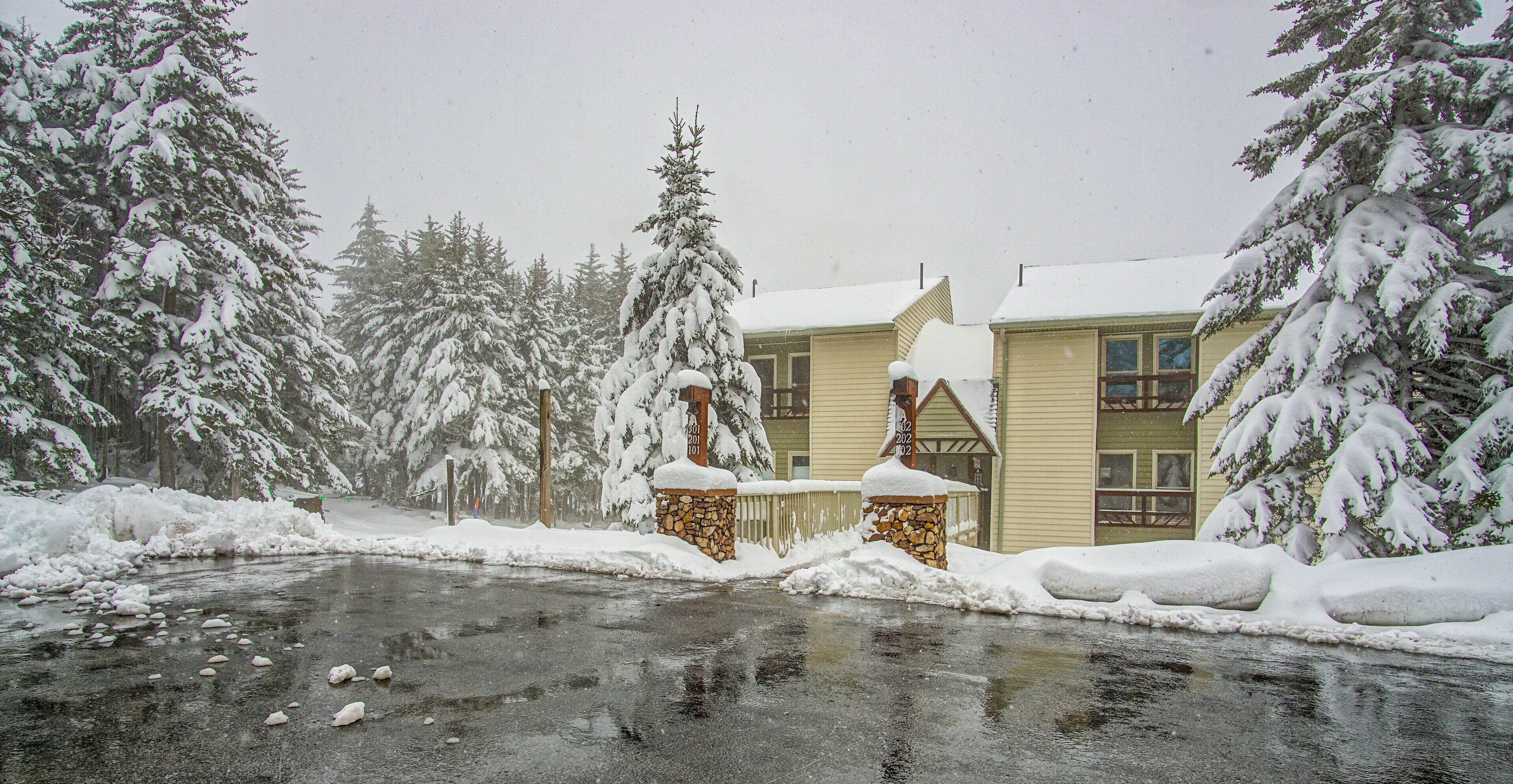 A snow-covered landscape with a building featuring a stone base and a wooden upper structure, surrounded by snow-laden trees.