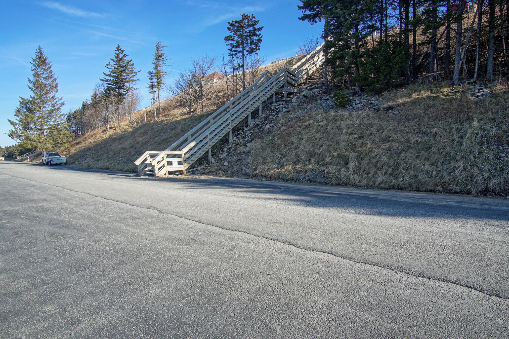 Un camino con una escalera de madera que baja por una colina.