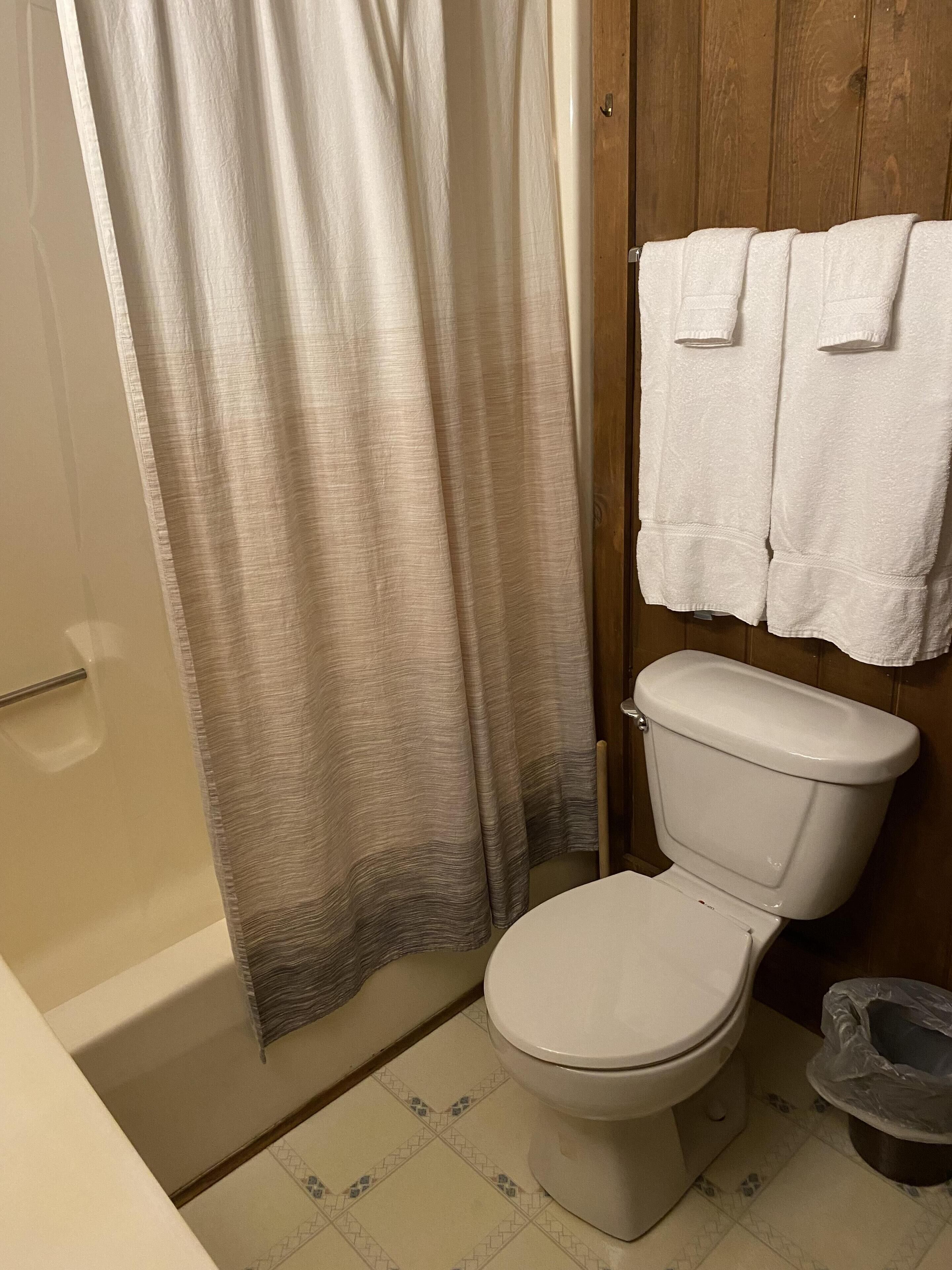 Une salle de bain avec des toilettes, un rideau de douche et un carrelage au sol.