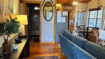 Smart TV, fireplace, books