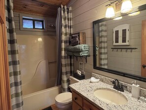 Hair dryer, towels, toilet paper - Stargazer Cabin: Sauna, Rooftop Deck, Fire Pit, Indoor Wood Fireplace, Privacy (Blue Ridge)