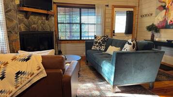 Smart TV, fireplace, books