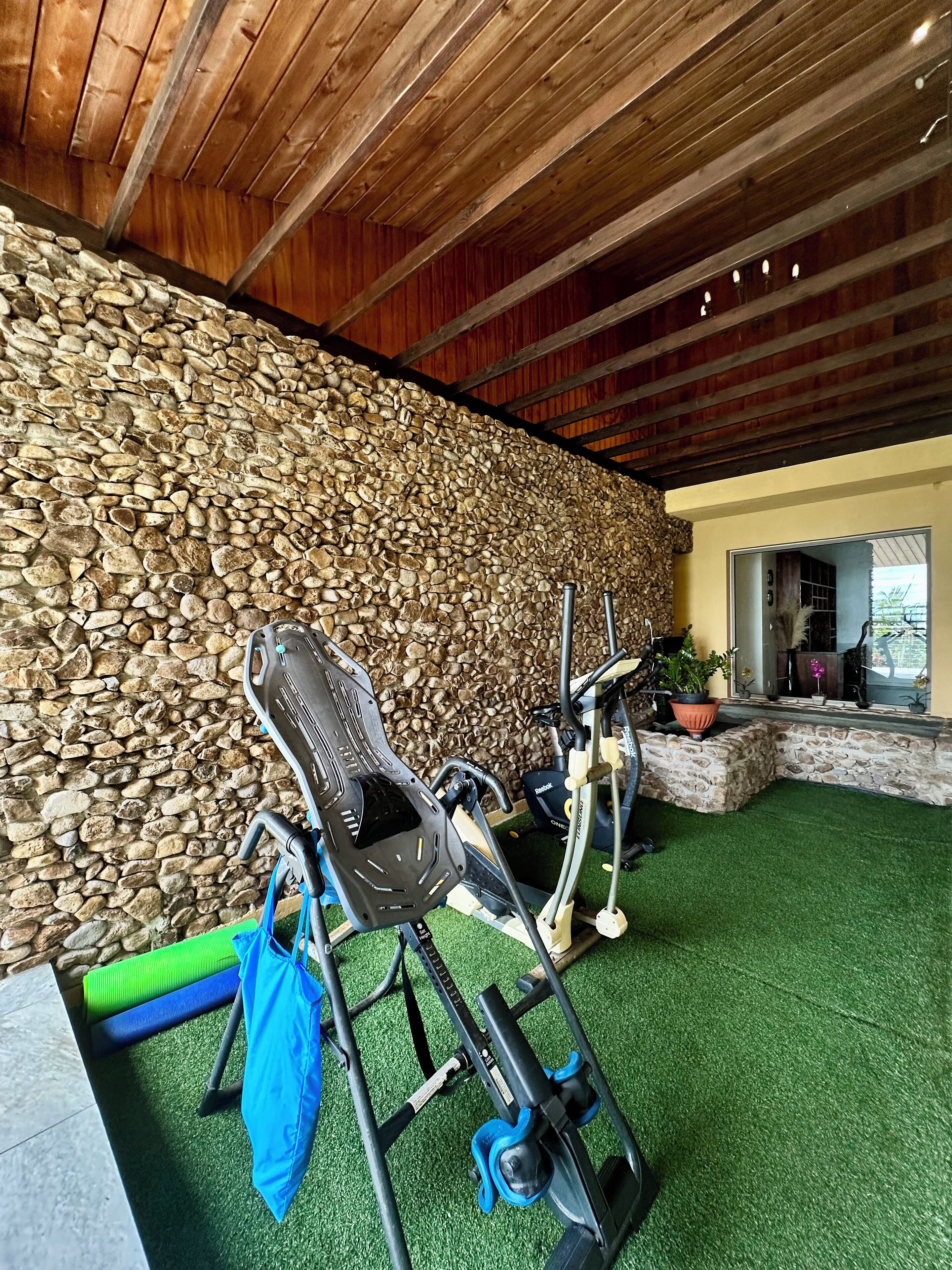 An indoor gym with exercise equipment, a stone wall, and artificial turf flooring.