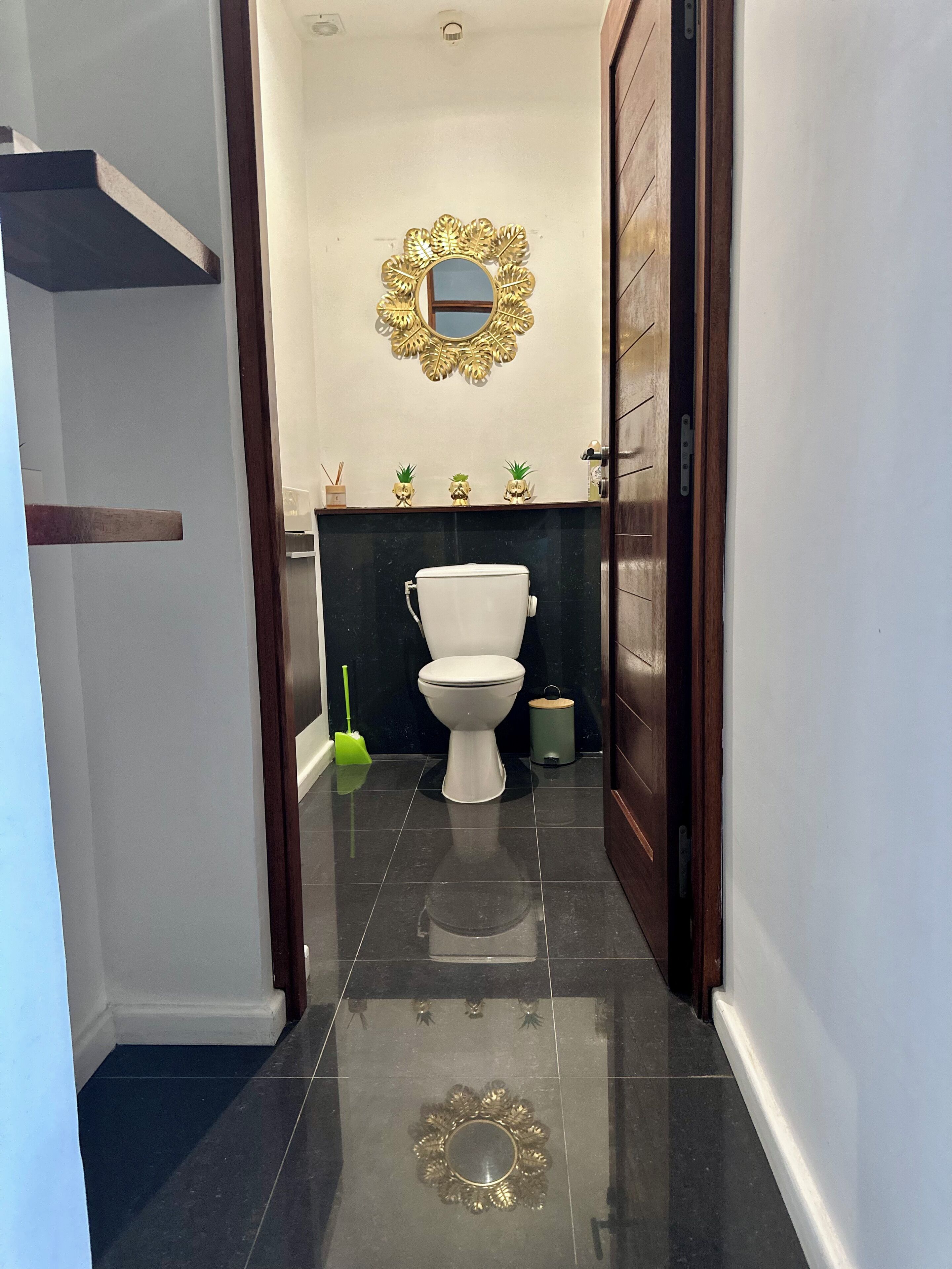 A modern bathroom with a toilet, a green cleaning brush, and a decorative mirror.