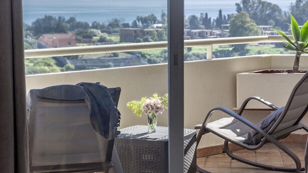 Un balcón con vista al océano, una silla, una mesita con un florero y una planta en maceta.