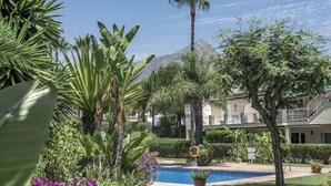 Une piscine entourée de plantes tropicales, avec une montagne en arrière-plan.