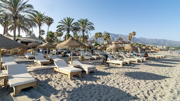 A beach with sun loungers and thatched umbrellas, palm trees, and mountains in the background. - GO- Golden Banus by Roomservices (Marbella)
