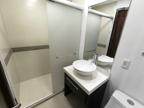 Hair dryer, towels, soap, toilet paper