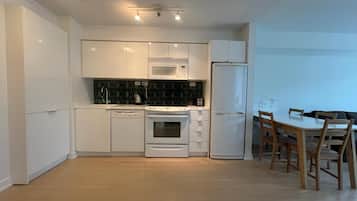 Premium appartement, 1 tweepersoonsbed met slaapbank, uitzicht op de stad | Privékeuken | Een koelkast met diepvriezer, een microgolfoven, een oven, een kookplaat