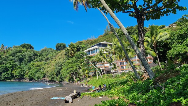 A beach with a black sand shore, lush greenery, and a building with multiple balconies overlooking the beach.
