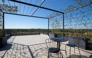 Une terrasse extérieure offrant une vue dégagée sur la campagne, agrémentée d’une pergola en métal, d’un espace salon et de plantes en pot.