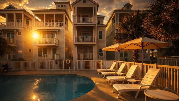 A pool area with lounge chairs and umbrellas, surrounded by a white fence and a building with multiple balconies.