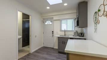 Fridge, microwave, coffee/tea maker, toaster