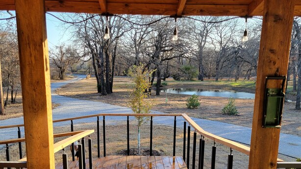 Une terrasse en bois avec une rambarde en métal, qui mène à un espace abrité offrant une vue sur un parc et un étang.